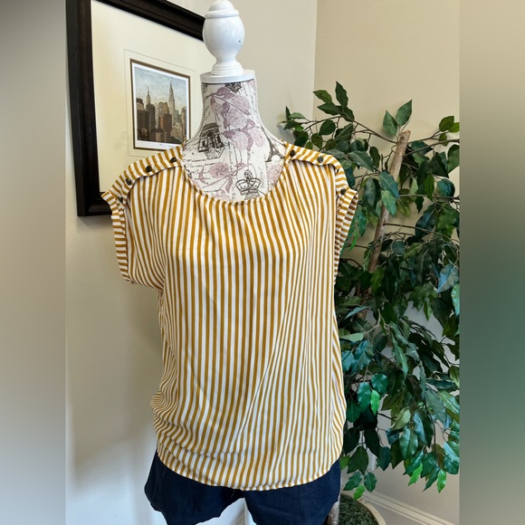 stripped sheen shirt with button detailing on front sides off the shoulder - Picture 2 of 5